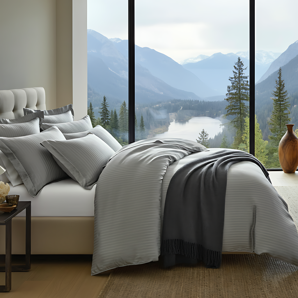 Aegyptische Baumwolle Damast Bettwaesche, edel gestreift, mit atemberaubendem Bergblick durch Panoramafenster.